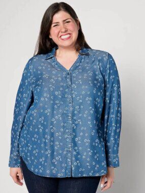 Joan Rivers Button-Front Y-Neck Flrl Printed Denim Shirt-Med Wash-Small-A635815